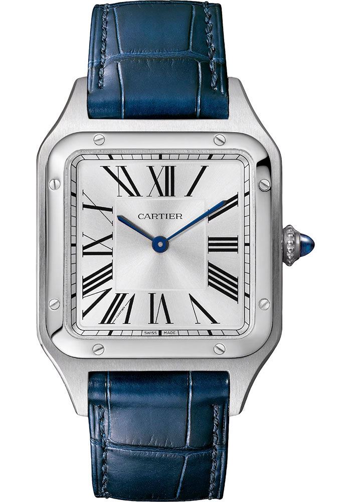 Santos Dumonte Large in Steel on Blue Crocodile Leather Strap with Silver Dial