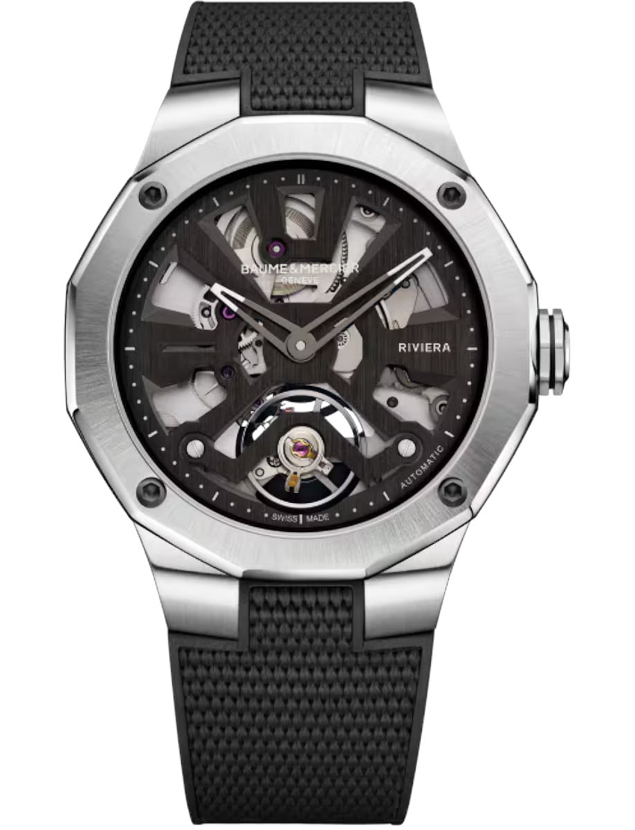 Riviera 42mm Automatic in Steel on Black Rubber Strap with Skeleton Dial
