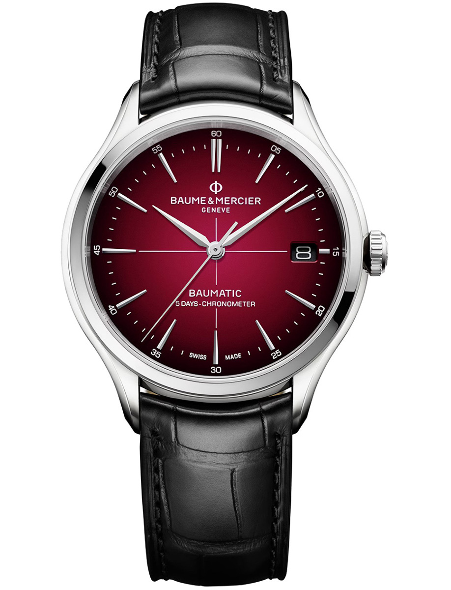 Clifton 40mm Automatic in Steel on Black Alligator Leather Strap with Red Dial