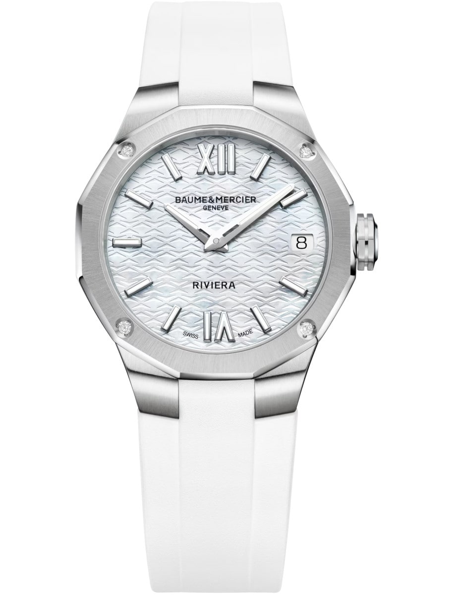 Riviera 33mm Quartz in Steel on White Rubber Strap with Mother of Pearl Dial