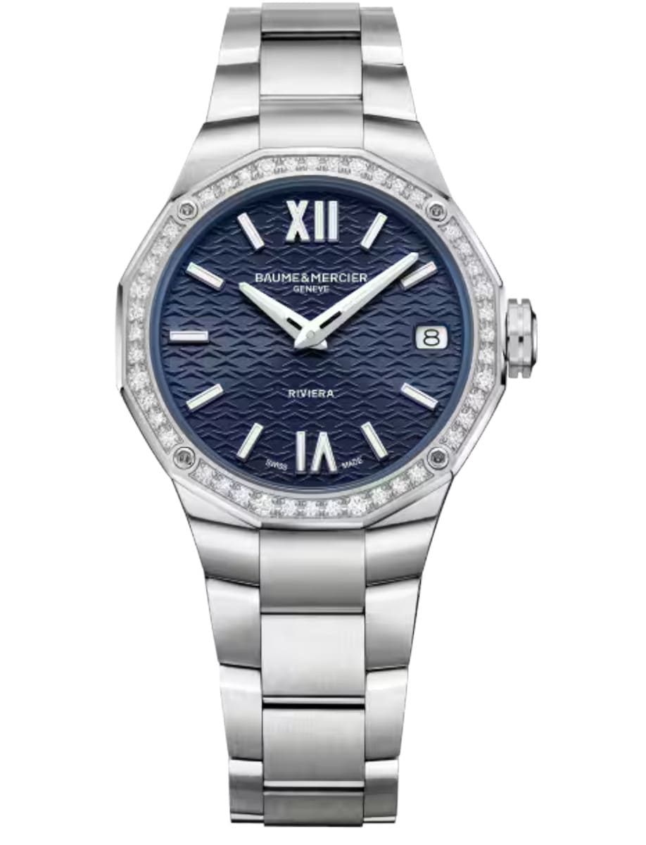 Riviera 33mm Quartz in Steel with Diamond Bezel on Steel Bracelet with Blue Dial