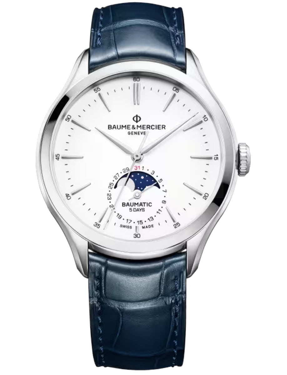 Riviera 42mm Automatic in Steel on Blue  Alligator Leather Strap with White Dial