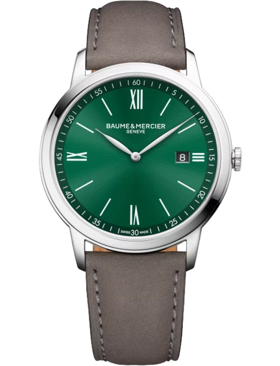 Classima 42mm Quartz in Steel on Grey Calfskin Leather Strap with Green Dial