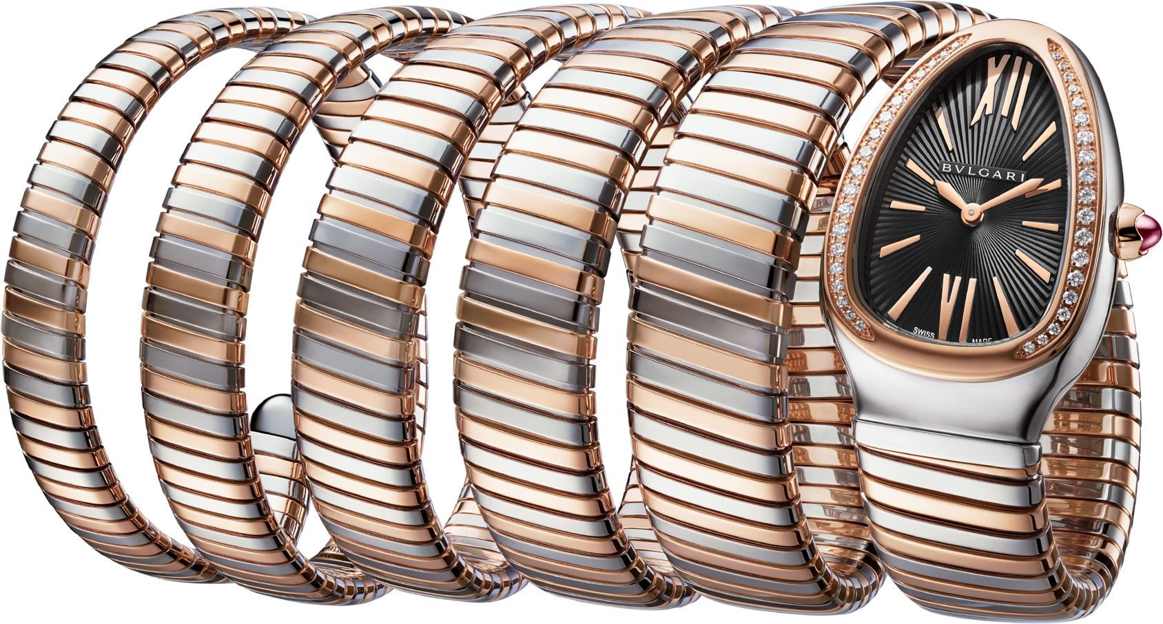 Serpenti Tubogas 35mm in Steel with Rose Gold Diamond Bezel on Steel and Rose Gold Bracelet with Black Dial
