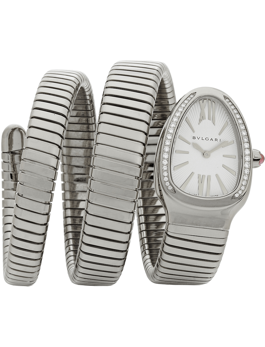 Serpenti 35mm in Steel with Partial Diamond Bezel on Steel Bracelet with Silver Dial