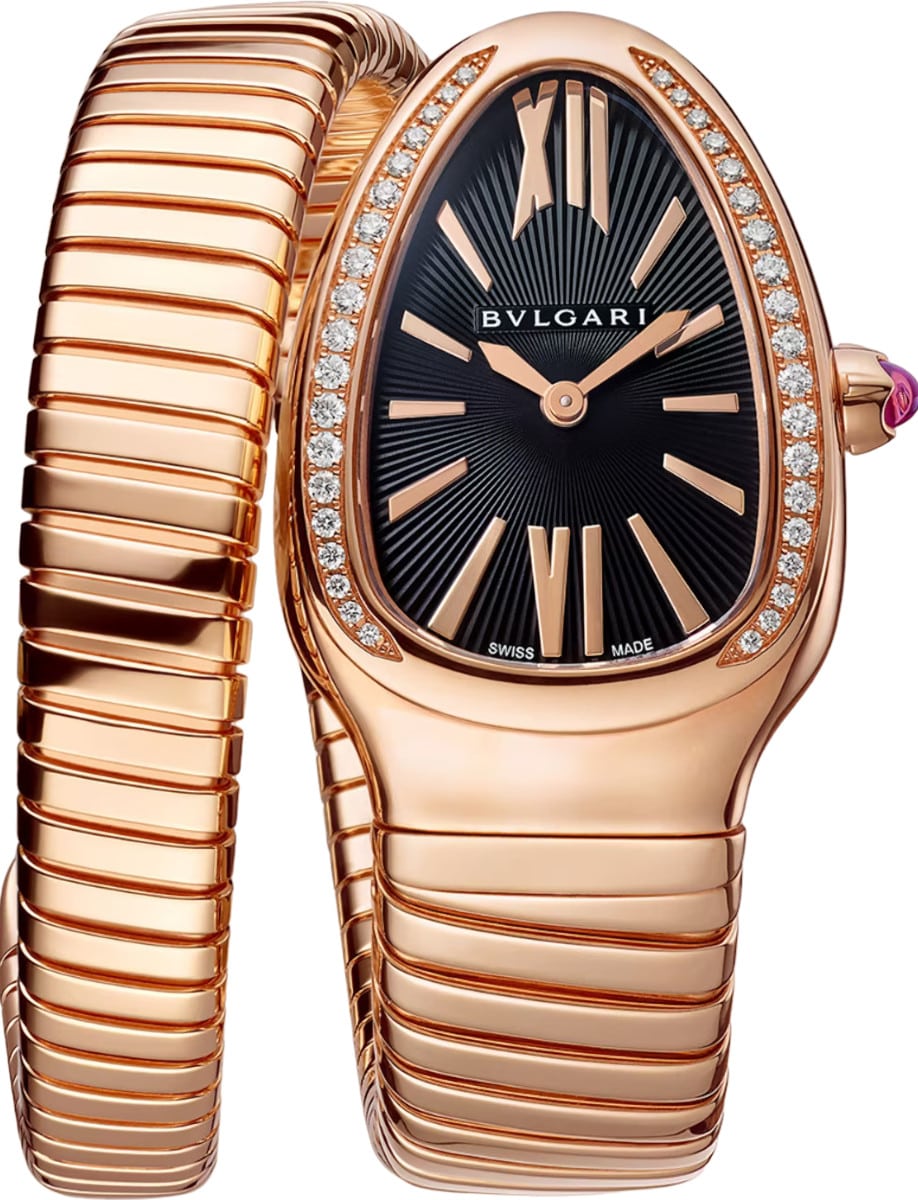 Serpenti 35mm in Rose Gold with Partial Diamond Bezel on Rose Gold Bracelet with Black Dial