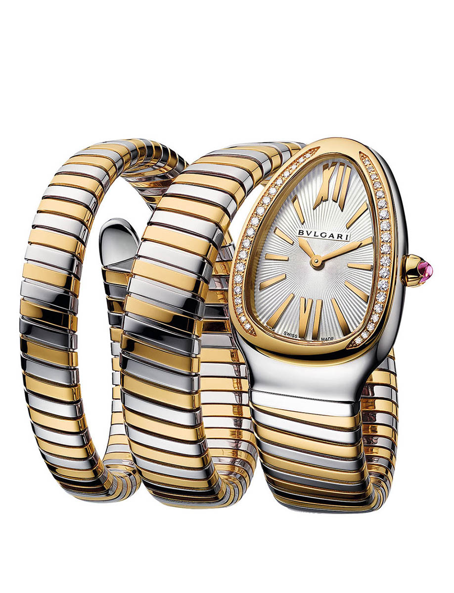 Serpenti Tubogas 35mm in Steel with Yellow Gold Partial Diamond Bezel on Steel and Yellow Gold Bracelet with Silver Dial