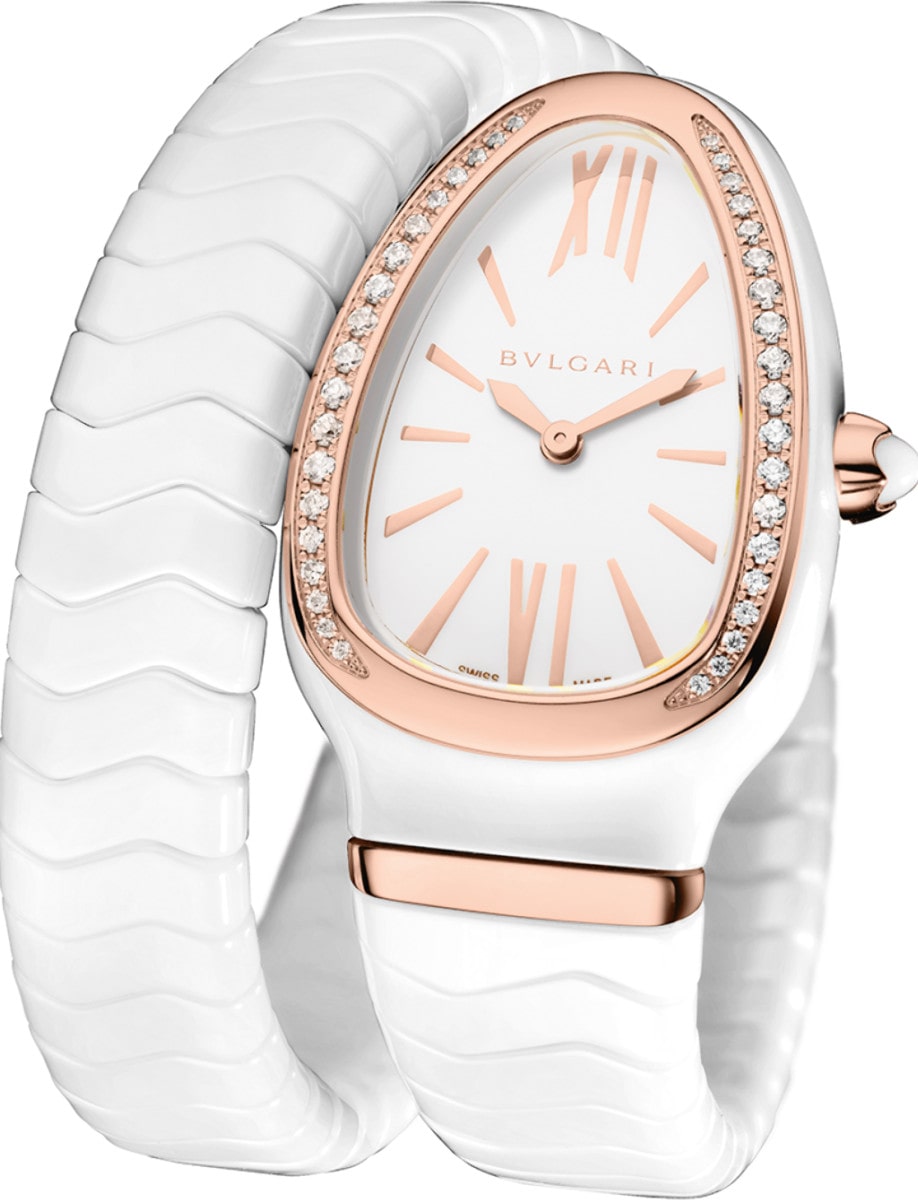 Serpenti Spiga 35mm in White Ceramic with Rose Gold Partial Diamond Bezel on White Ceramic Bracelet with White Dial
