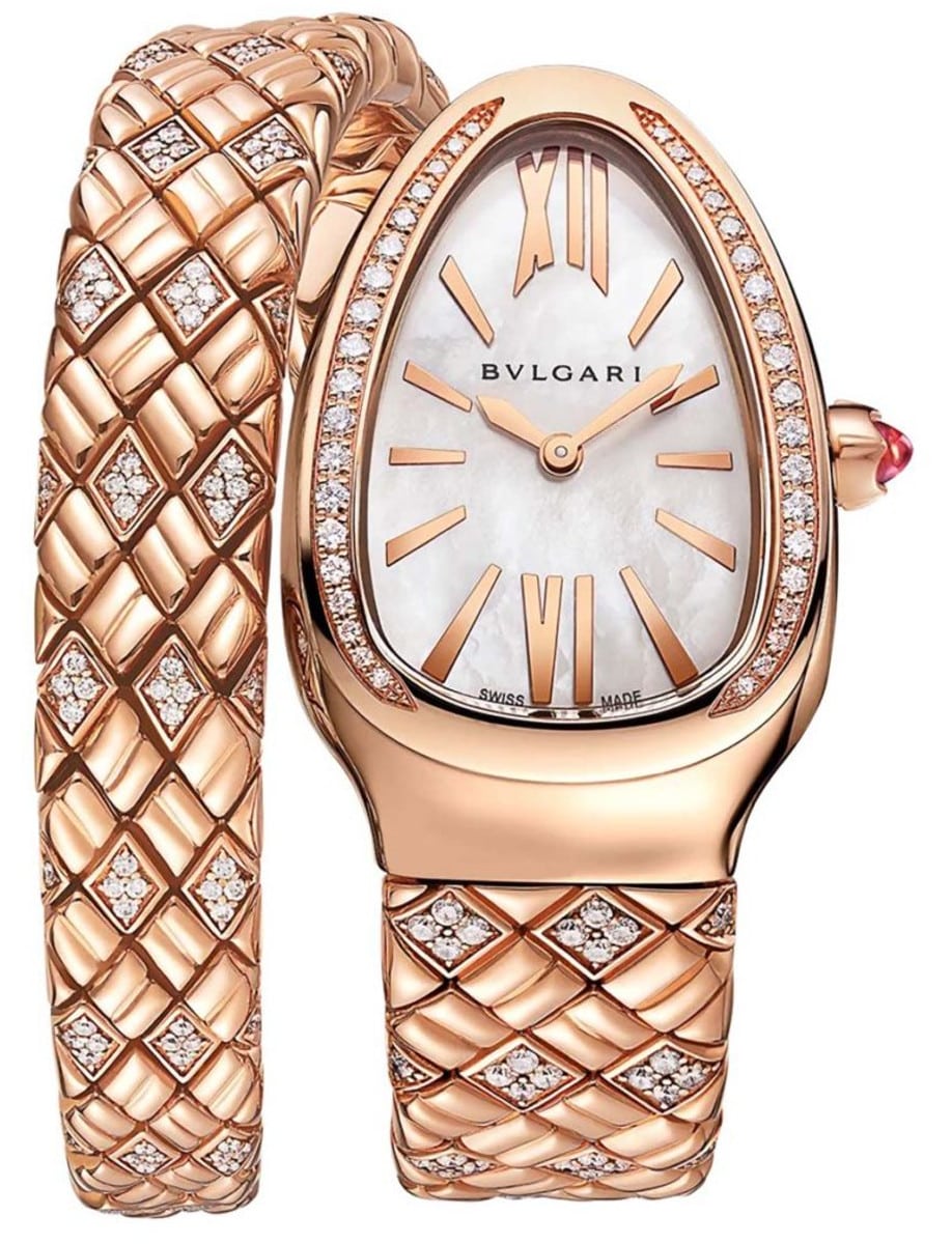 Serpenti Spiga 35mm in Rose Gold with Partial Diamond Bezel on Rose Gold Diamond Bracelet with MOP Dial