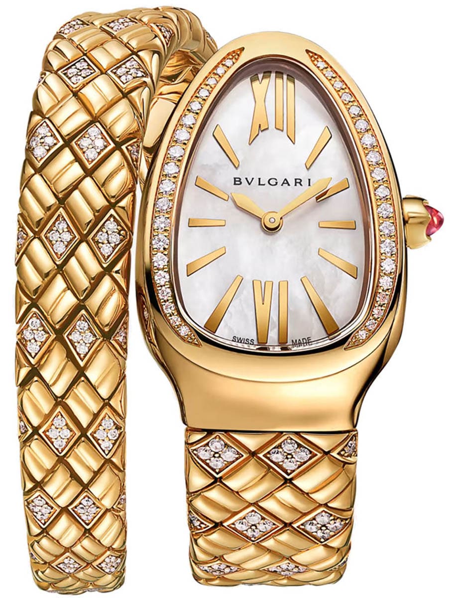 Serpenti Spiga 35mm in Yellow Gold with Partial Diamond Bezel on Yellow Gold Diamond Bracelet with MOP Dial