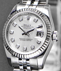 Datejust Automatic in Steel with White Gold Fluted Bezel On Steel Jubilee Bracelet with Mother of Pearl Diamond Dial