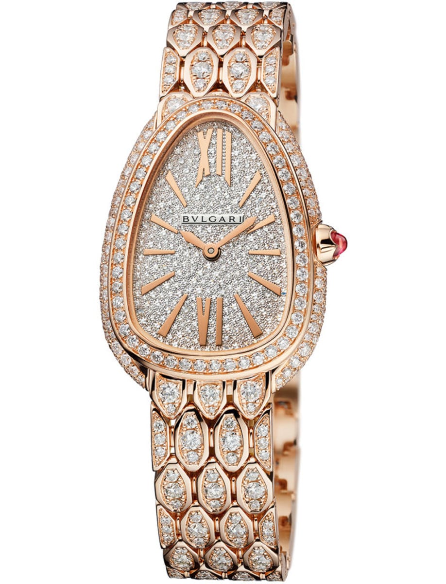 Serpenti Seduttori 33mm Quartz in Rose Gold with Diamond Bezel on Rose Gold Diamond Bracelet with Pave Diamond Dial