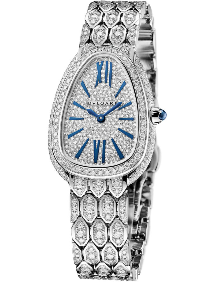 Serpenti Seduttori 33mm Quartz in White Gold with Diamond Bezel on White Gold Diamond Bracelet with Pave Diamond Dial