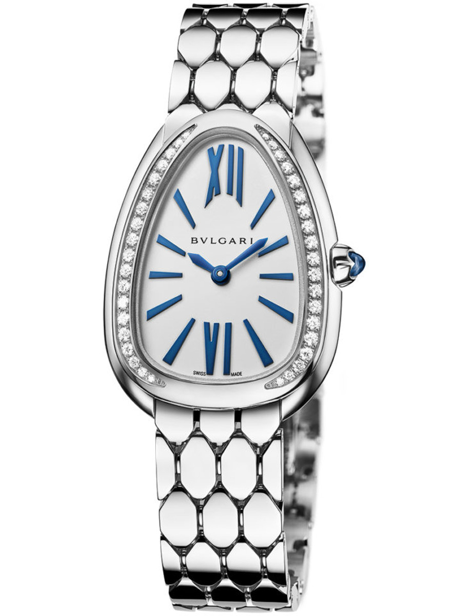 Serpenti Seduttori 33mm Quartz in White Gold with Partial Diamond Bezel on White Gold Bracelet with White Dial