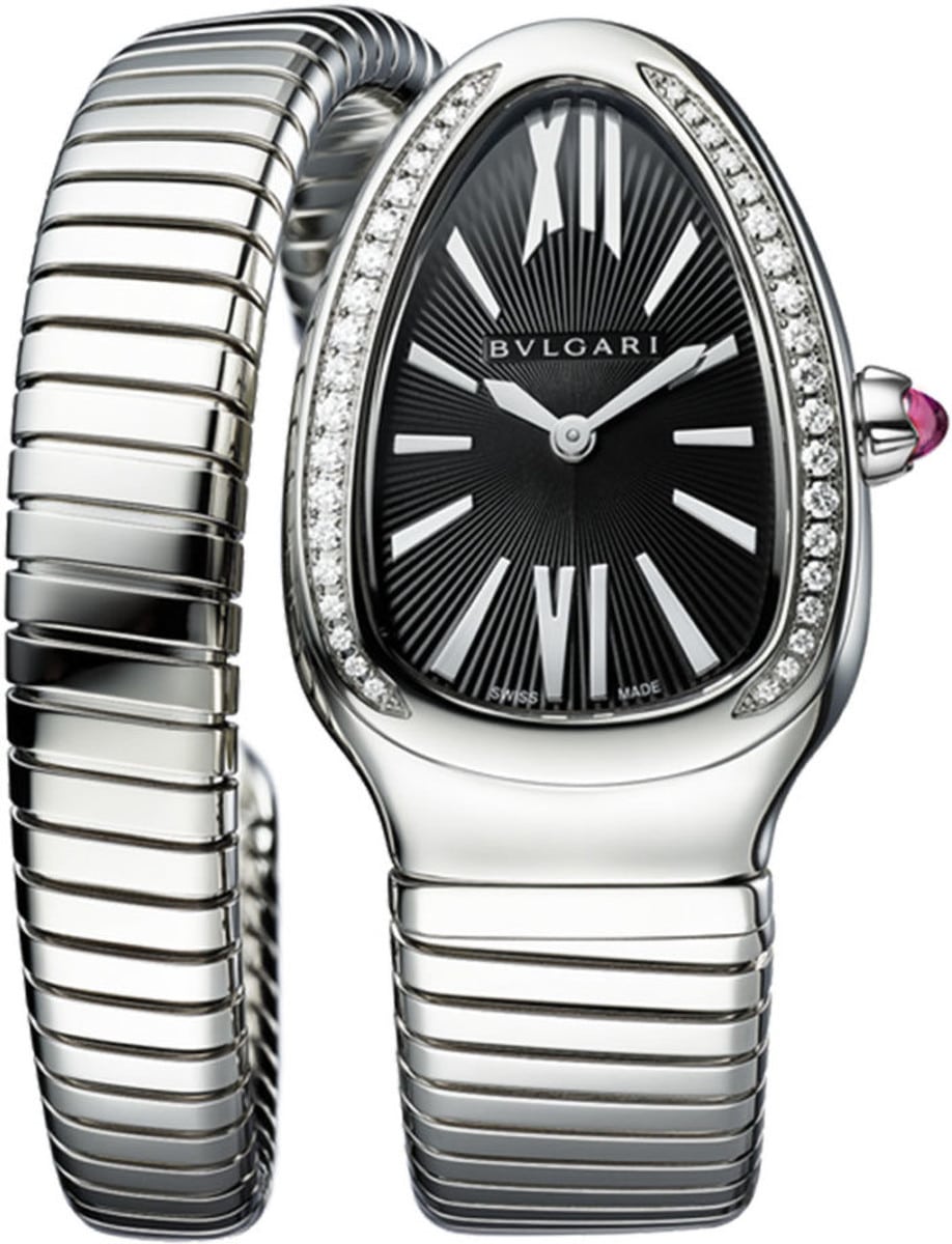 Serpenti Tubogas 35mm in Steel with Partial Diamond Bezel on Steel Single Twirl Bracelet with Black Dial
