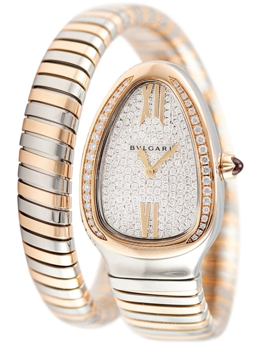 Serpenti Tubogas 35mm in Steel with Rose Gold Partial Diamond Bezel on Steel and Rose Gold Single Twirl Bracelet with Pave Diamond Dial