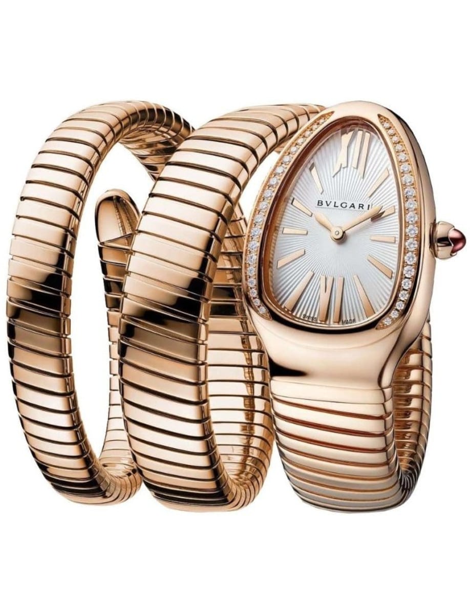 Serpenti Tubogas 35mm in Rose Gold with Partial Diamond Bezel on Spiral Rose Gold Bracelet with Silver Dial