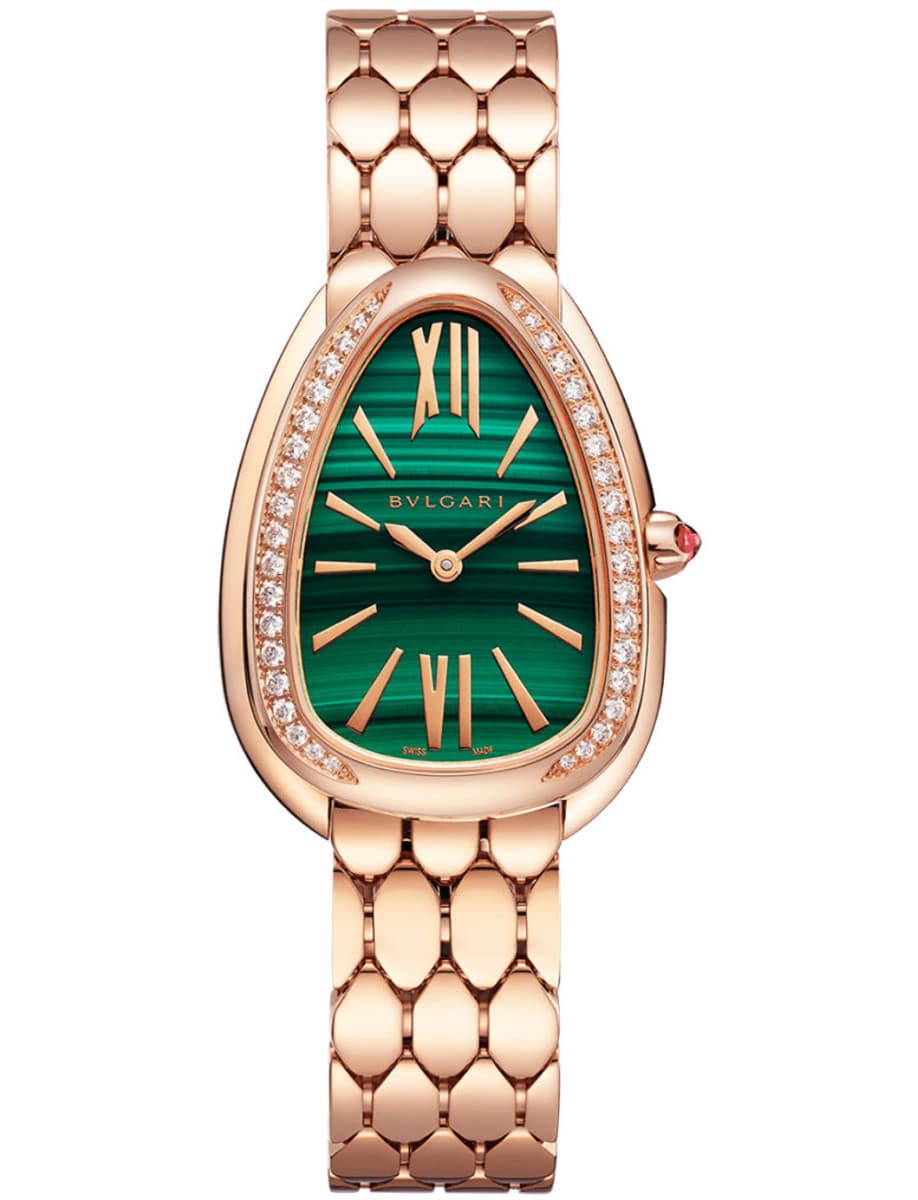 Serpenti Seddutorri 33mm Quartz in Rose Gold with Diamond Bezel on Rose Gold Bracelet with Malachite Dial