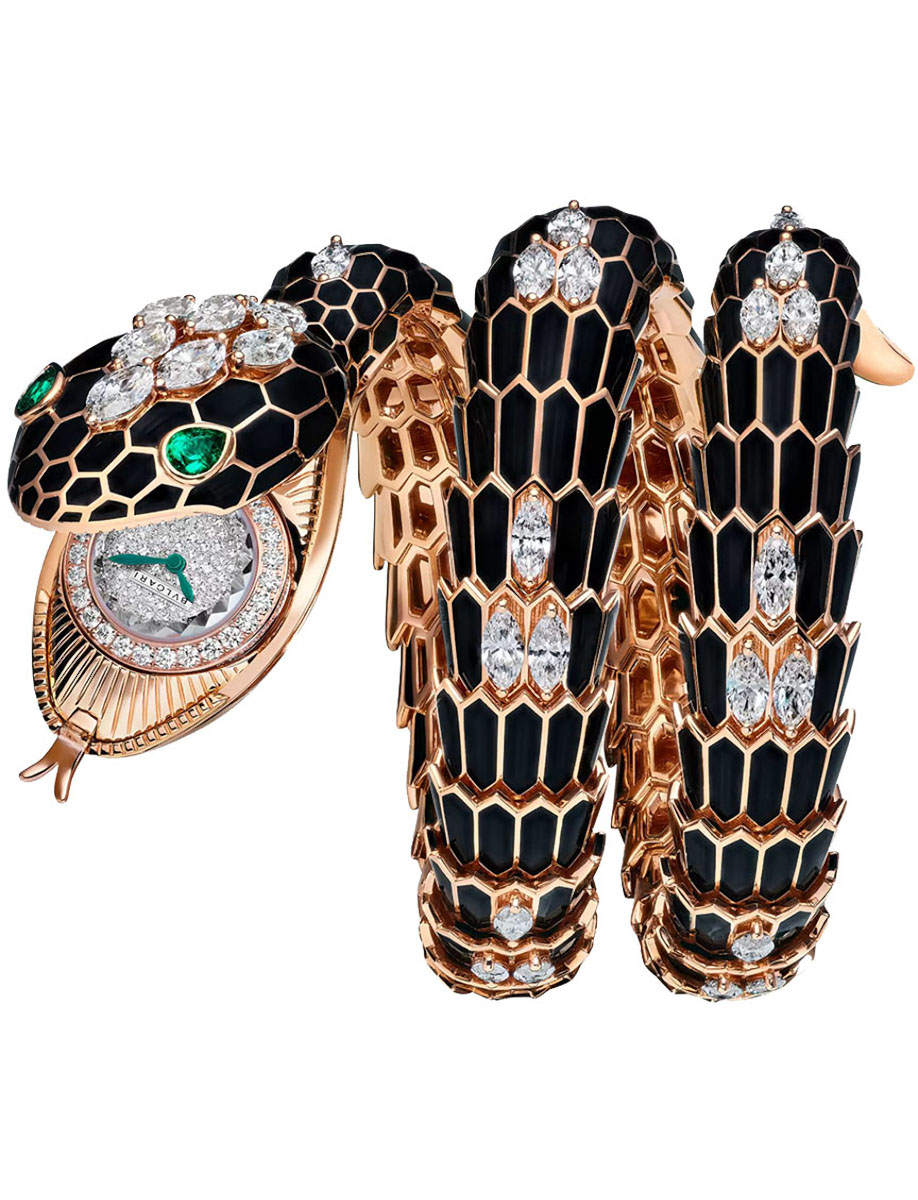 Serpenti Secret Watch 40mm in Black Lacquered Rose Gold with Diamonds on Spiral Black Lacquered Rose Gold Bracelet with Snow-Set Diamond Dial