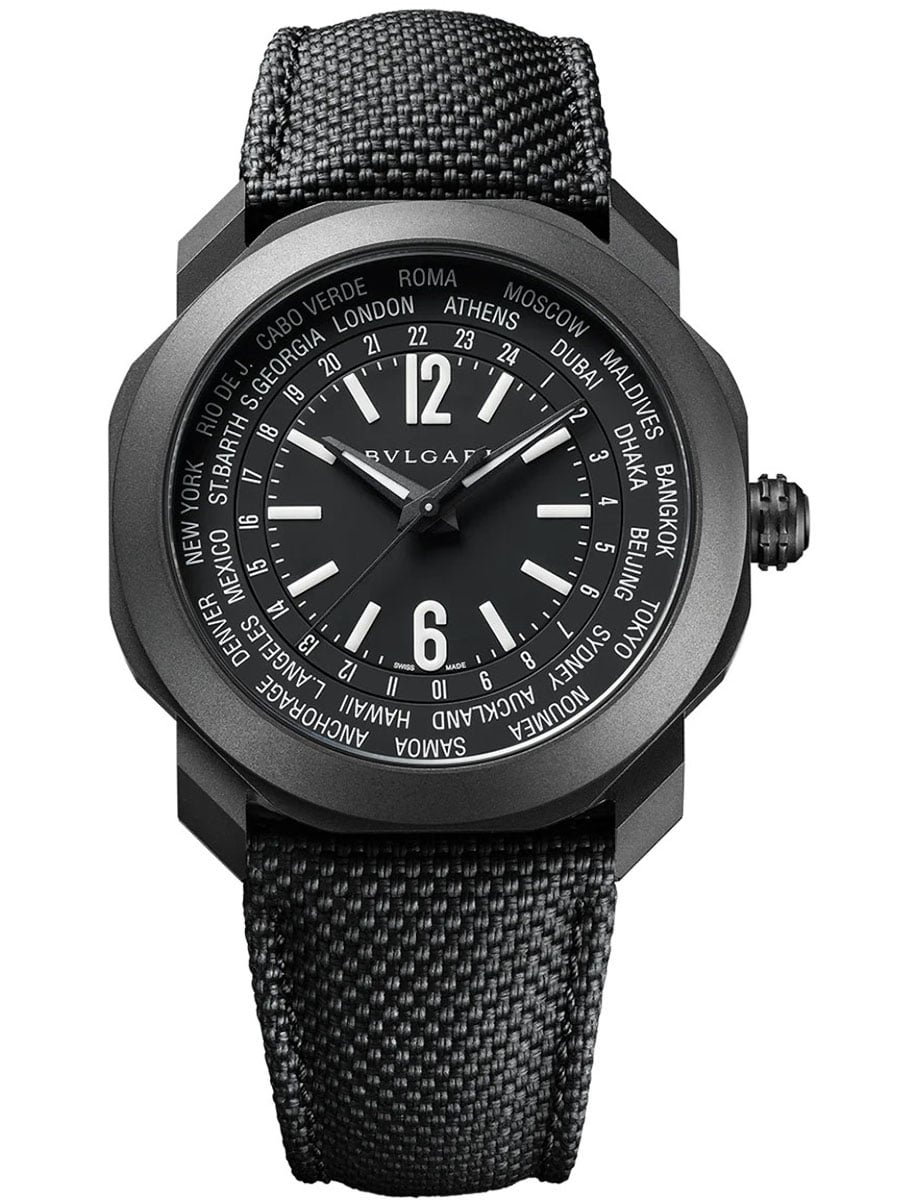 Octo Roma WorldTimer 41mm in Black DLC Steel On Black Rubber Strap with Black Dial