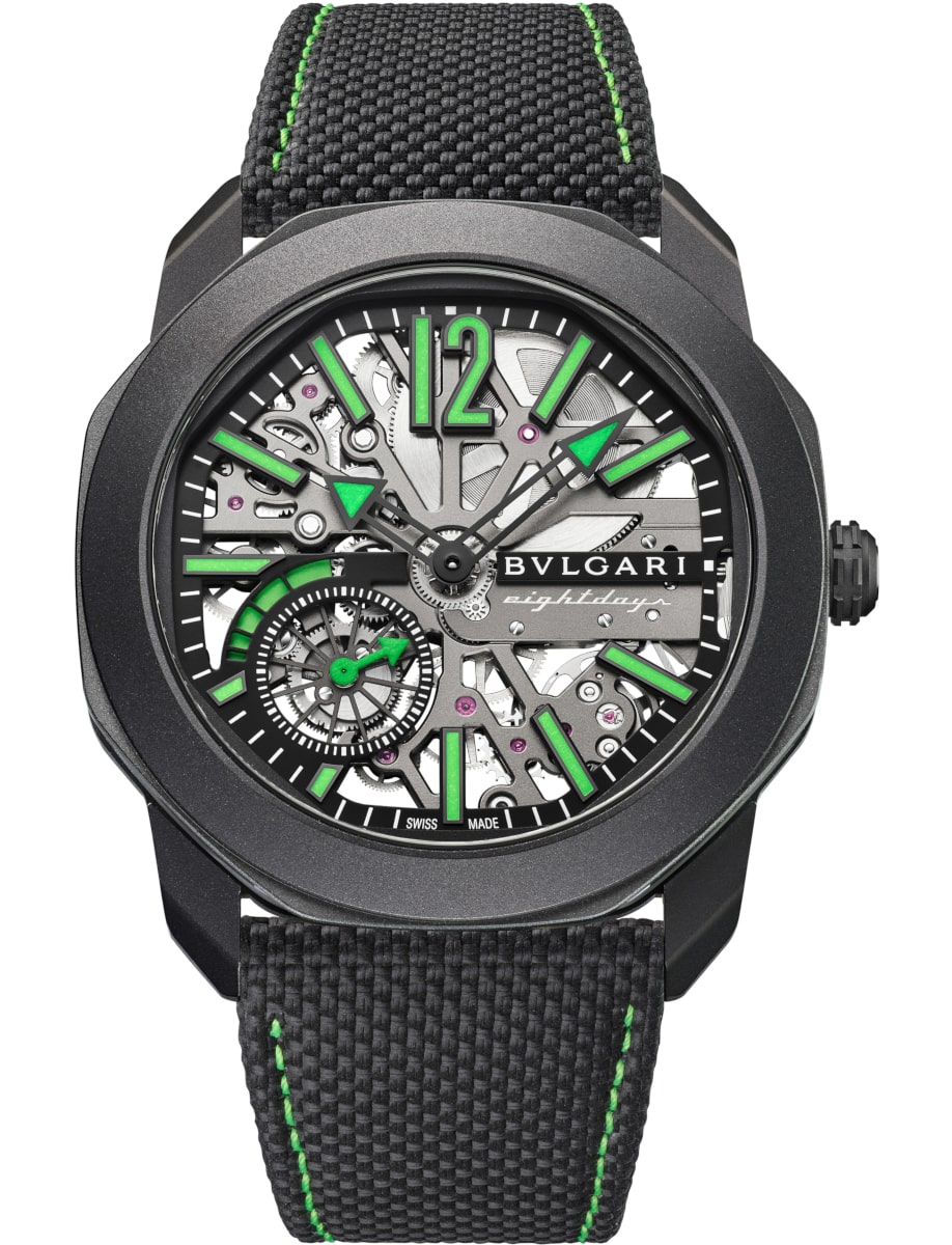 Octo Roma Striking 8 Days Manual in Black DLC Titanium on Black Rubber Strap with Skeleton Dial