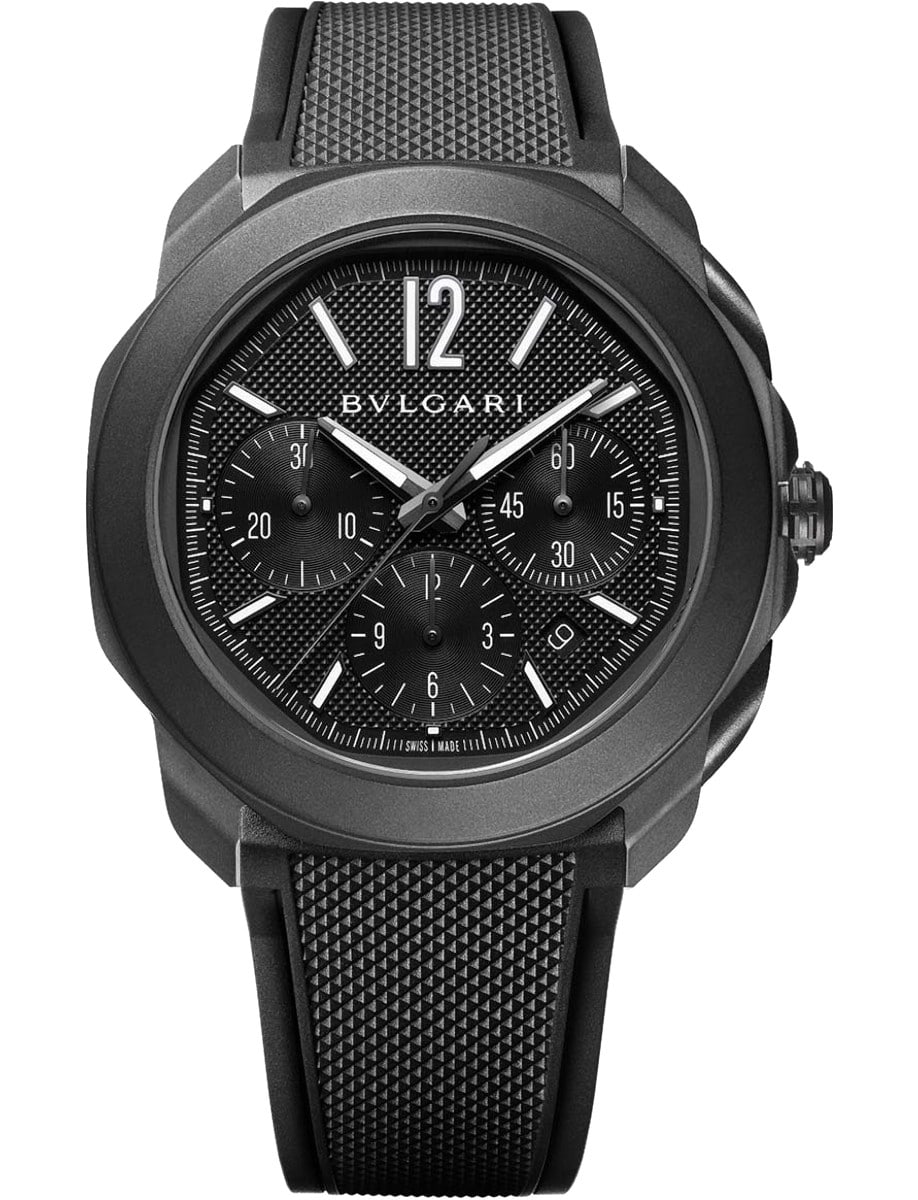 Octo Roma Chronograph 42mm in Black DLC Steel on Black Rubber Strap with Black Dial