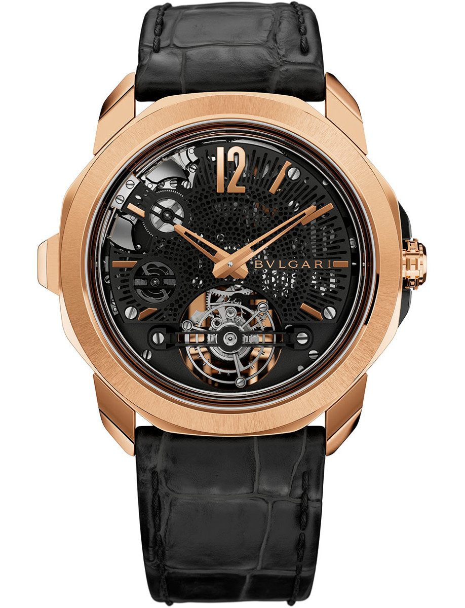 Octo Roma Carillon Tourbillon 44mm in Rose Gold on Black Alligator Leather Strap with Black Openworked Dial