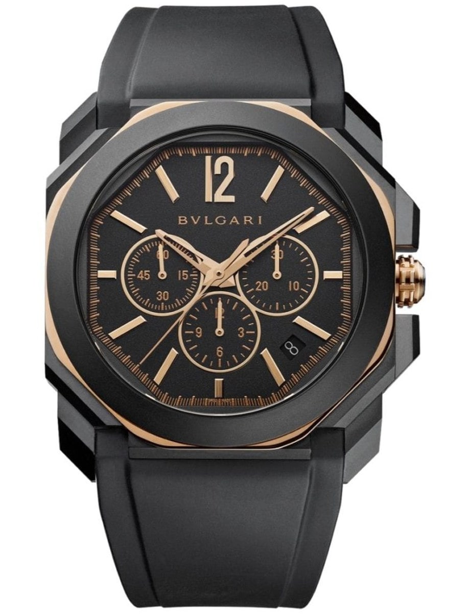 Octo L'Originale 41mm in Black DLC Steel with Rose Gold on Black Rubber Strap with Black Dial