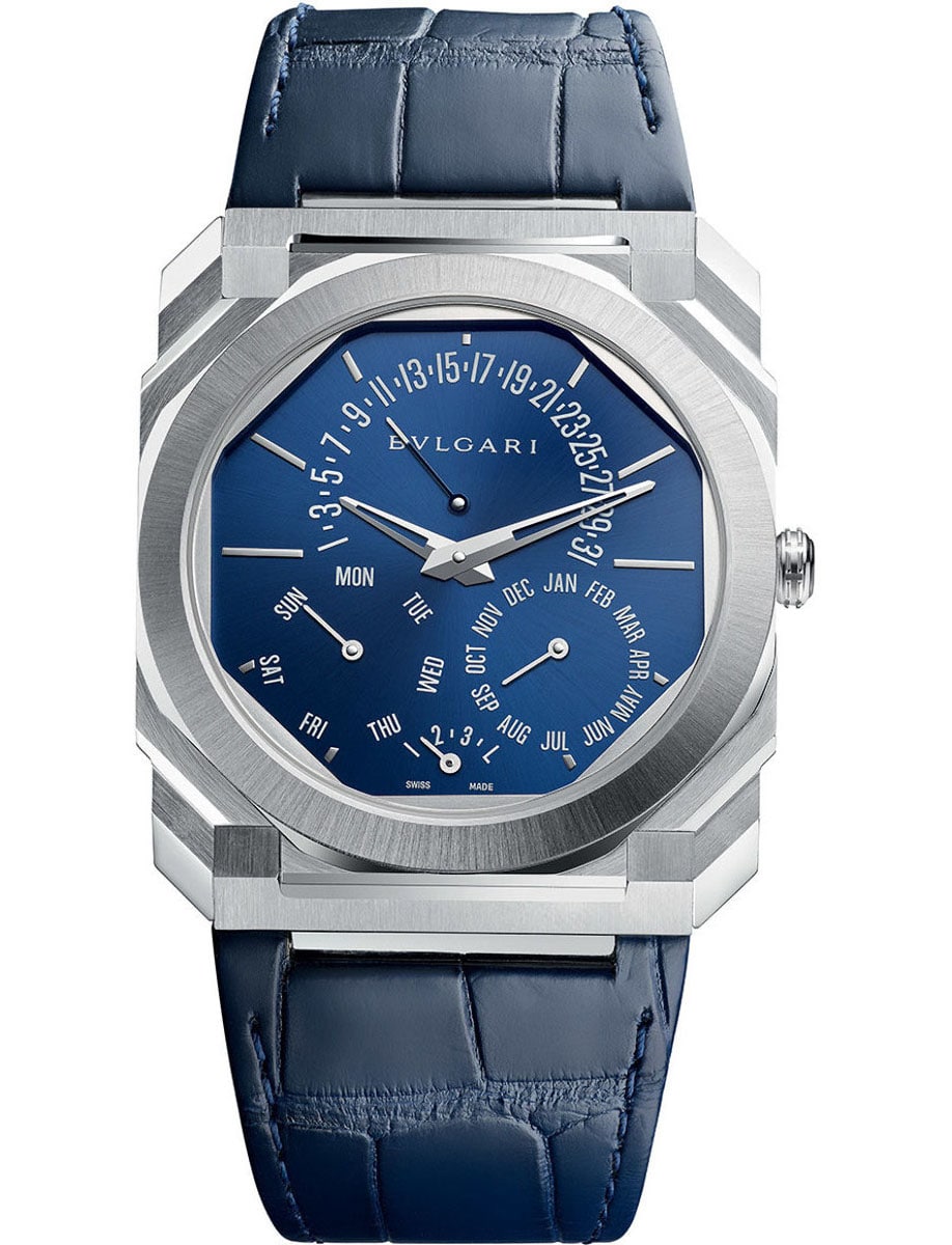 Octo Finissimo Perpetual Calendar 40mm in Platinum on Blue Alligator Leather Strap with Blue Dial