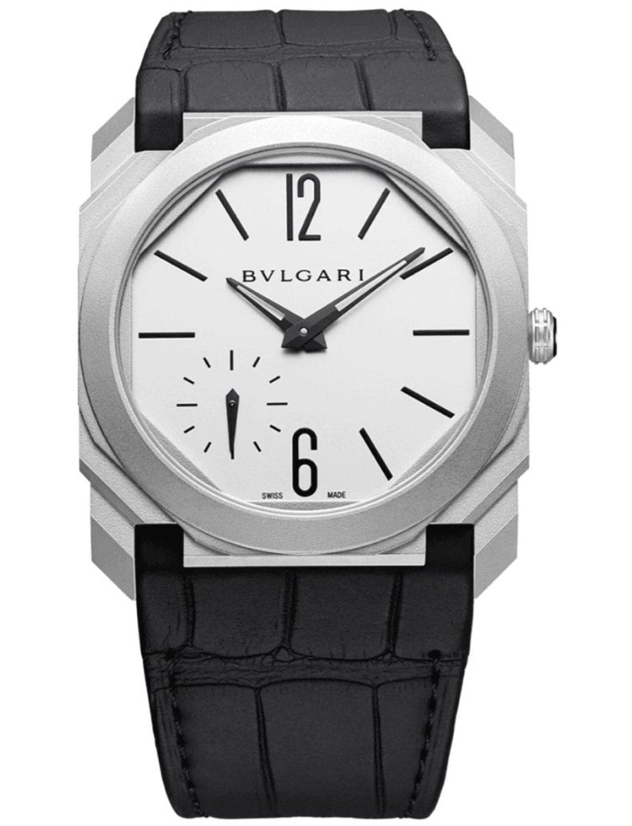 Octo FInissimo Extra Thin 40mm in Steel On Black Alligator Leather Strap with White Dial