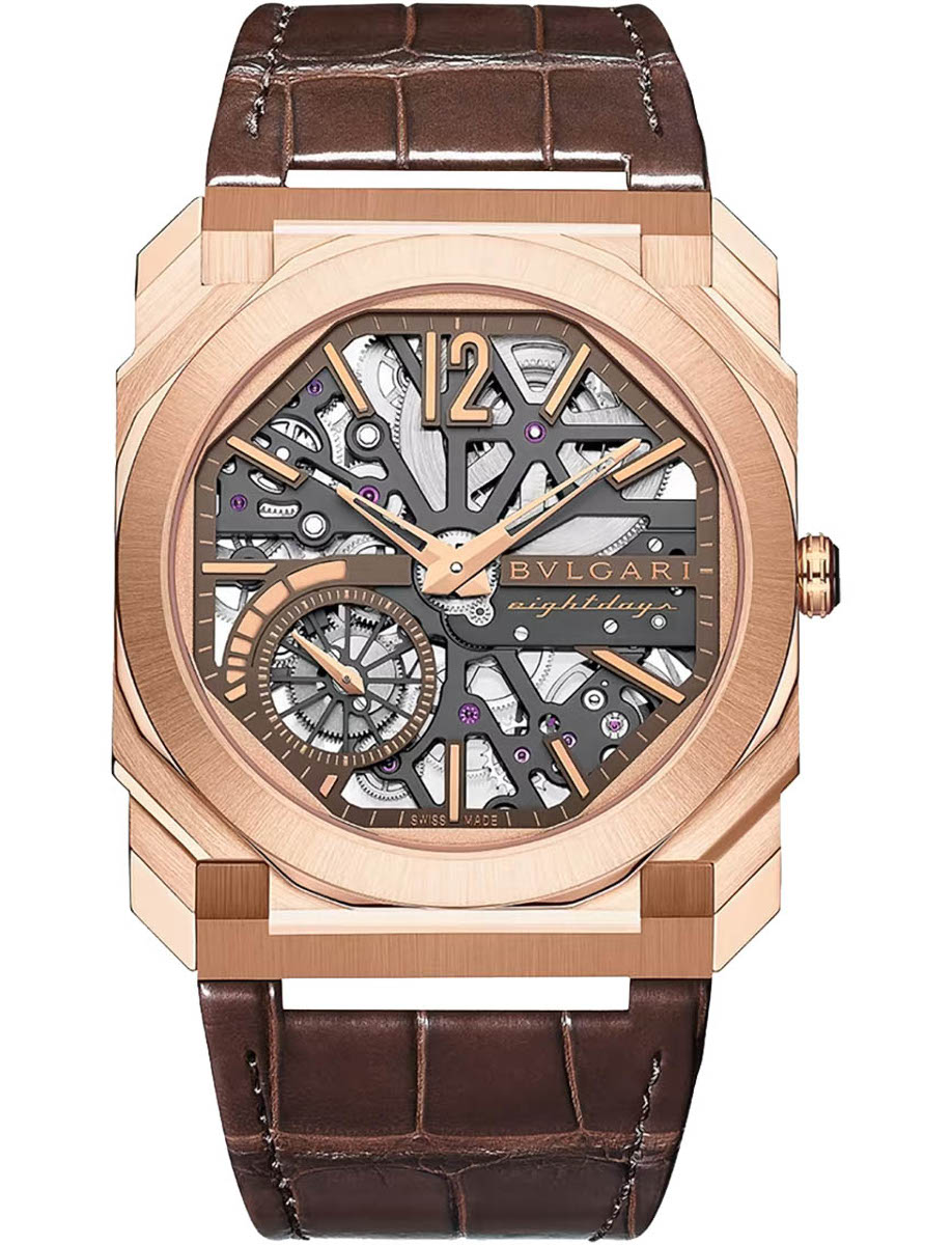 Octo FInissimo Extra Thin 40mm in Rose Gold on Brown Alligator Leather Strap with Openworked Dial