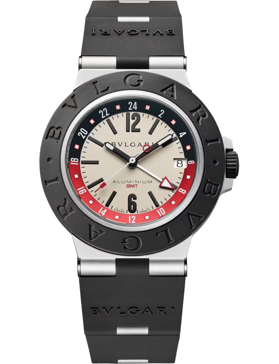 Men’s Bulgari GMT 40mm Automatic in Aluminium on Black Rubber Strap with Ivory Dial