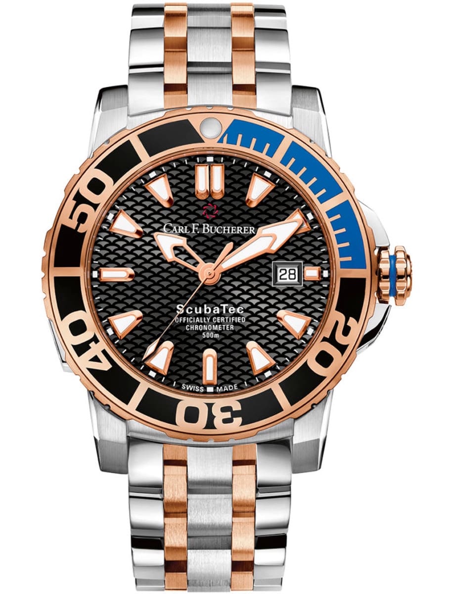 Patravi ScubaTec Mens 44.6mm Automatic in Steel with Rose Gold Bezel on Steel and Rose Gold Bracelet with Black Dial