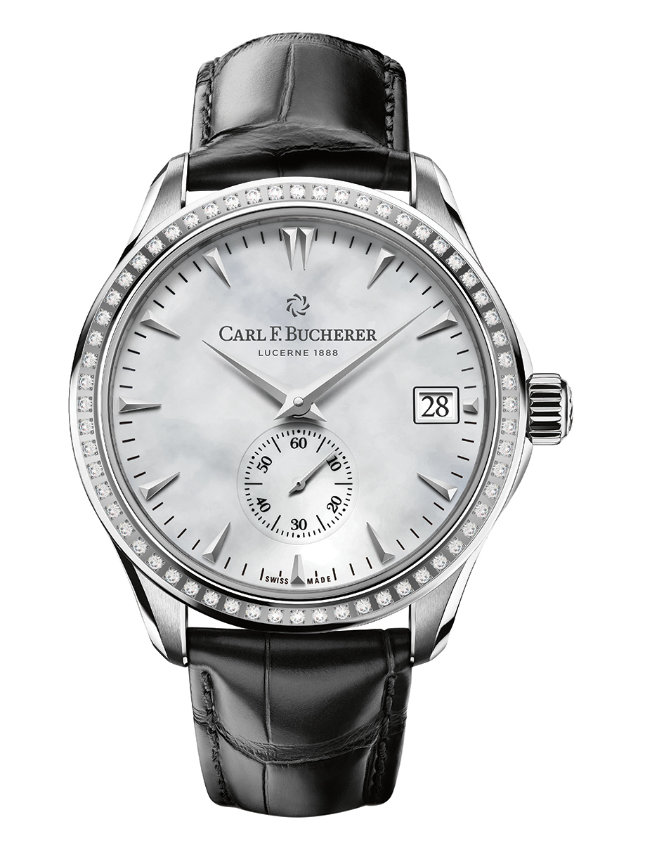 Manero Peripheral 40.6mm in Steel with Diamond Bezel on Black Alligator Leather Strap with MOP Dial