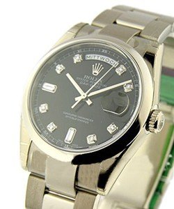 Day - Date President in White Gold with Domed Bezel  On Oyster Bracelet with Black Diamond Dial