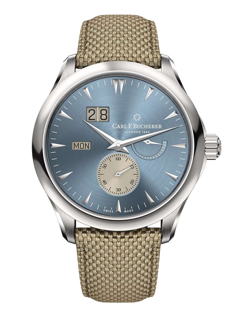 Manero Peripheral Bigdate 41.6mm in Steel on Beige Textile Strap with Light Blue Dial 
