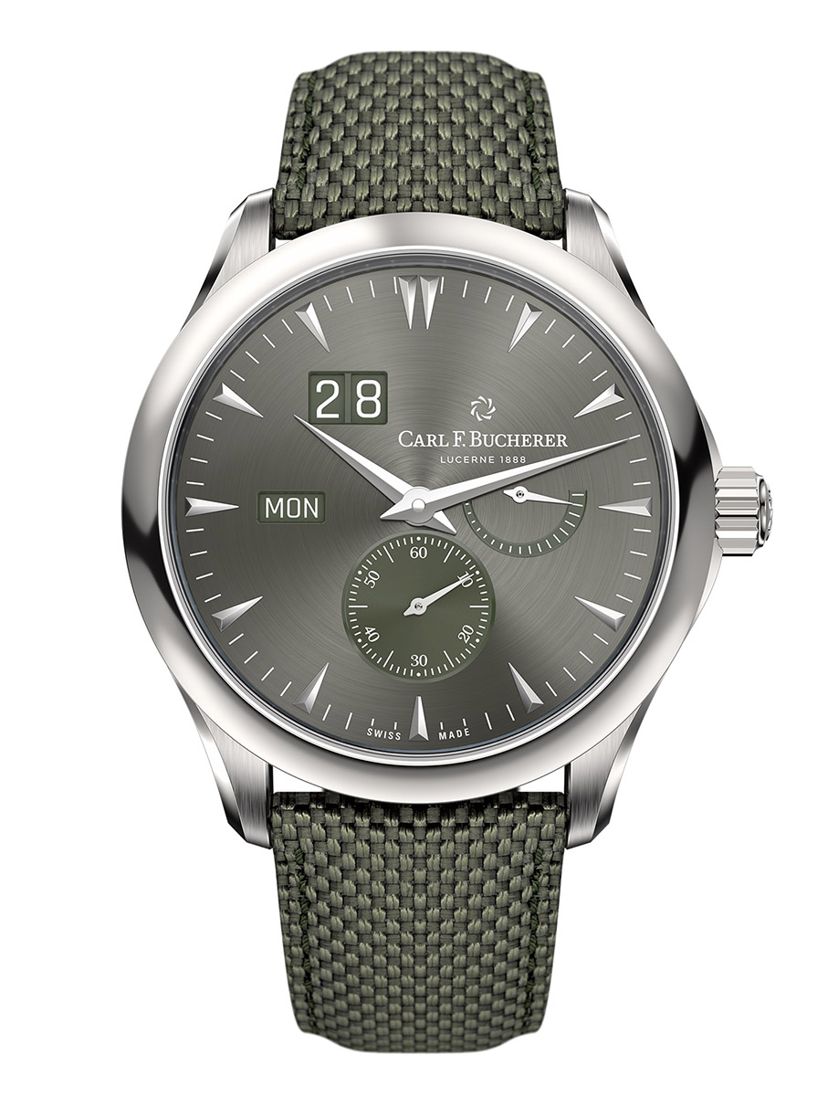 Manero Peripheral Bigdate 41.6mm in Steel on Olive Green Textile Strap with Dark Grey Dial