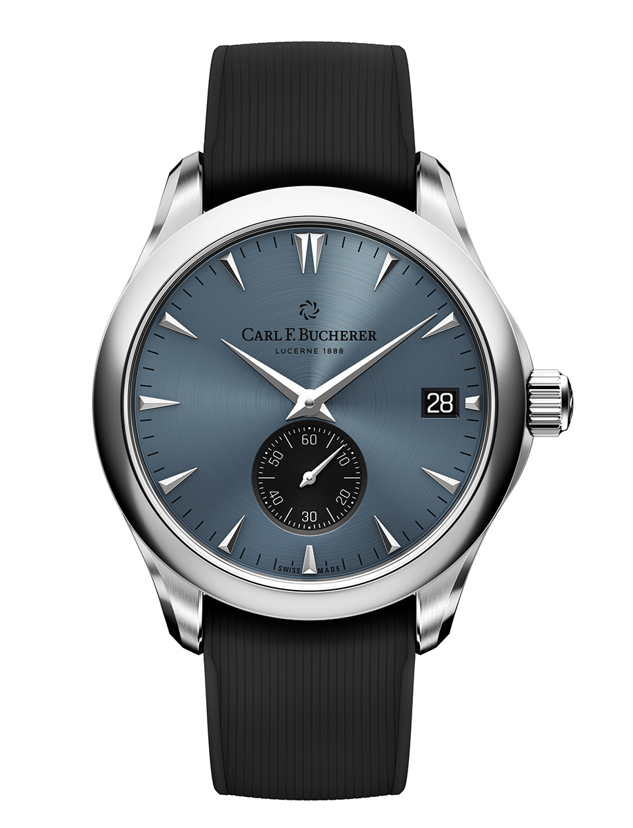 Manero Peripheral 40nn in Steel on Black Rubber Strap with Blue Dial