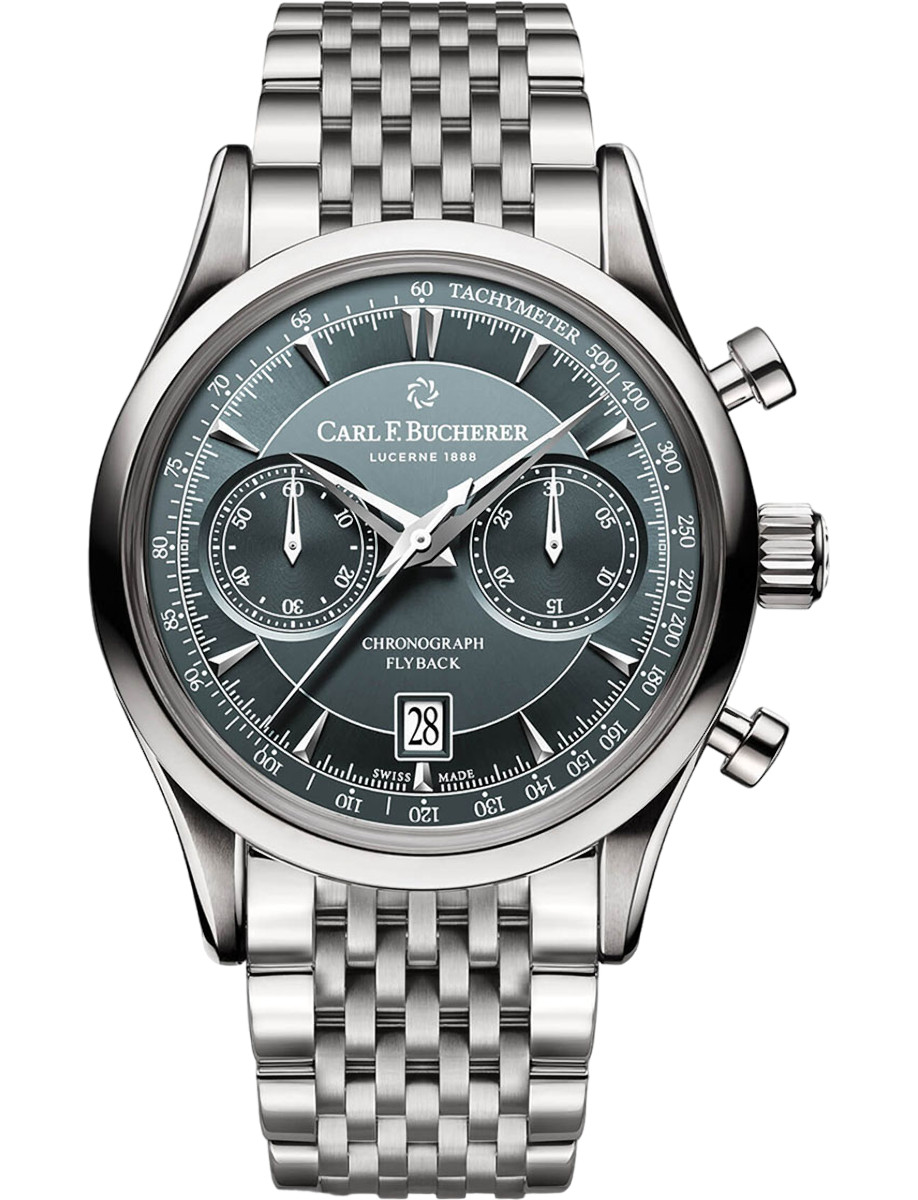 Manero Flyback Chronograph in Steel on Steel Bracelet with Bluish Grey Dial