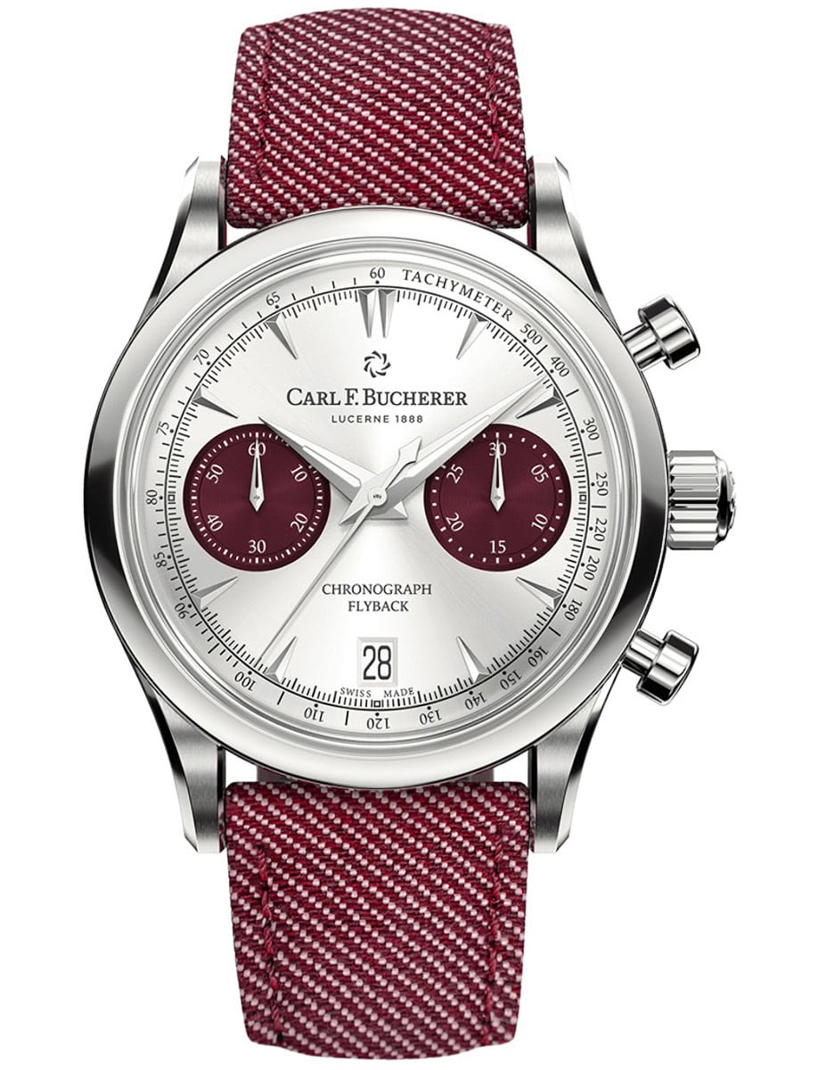 Manero Flyback Chronograph in Steel on Red Textile with Silver Dial - Red Subdials