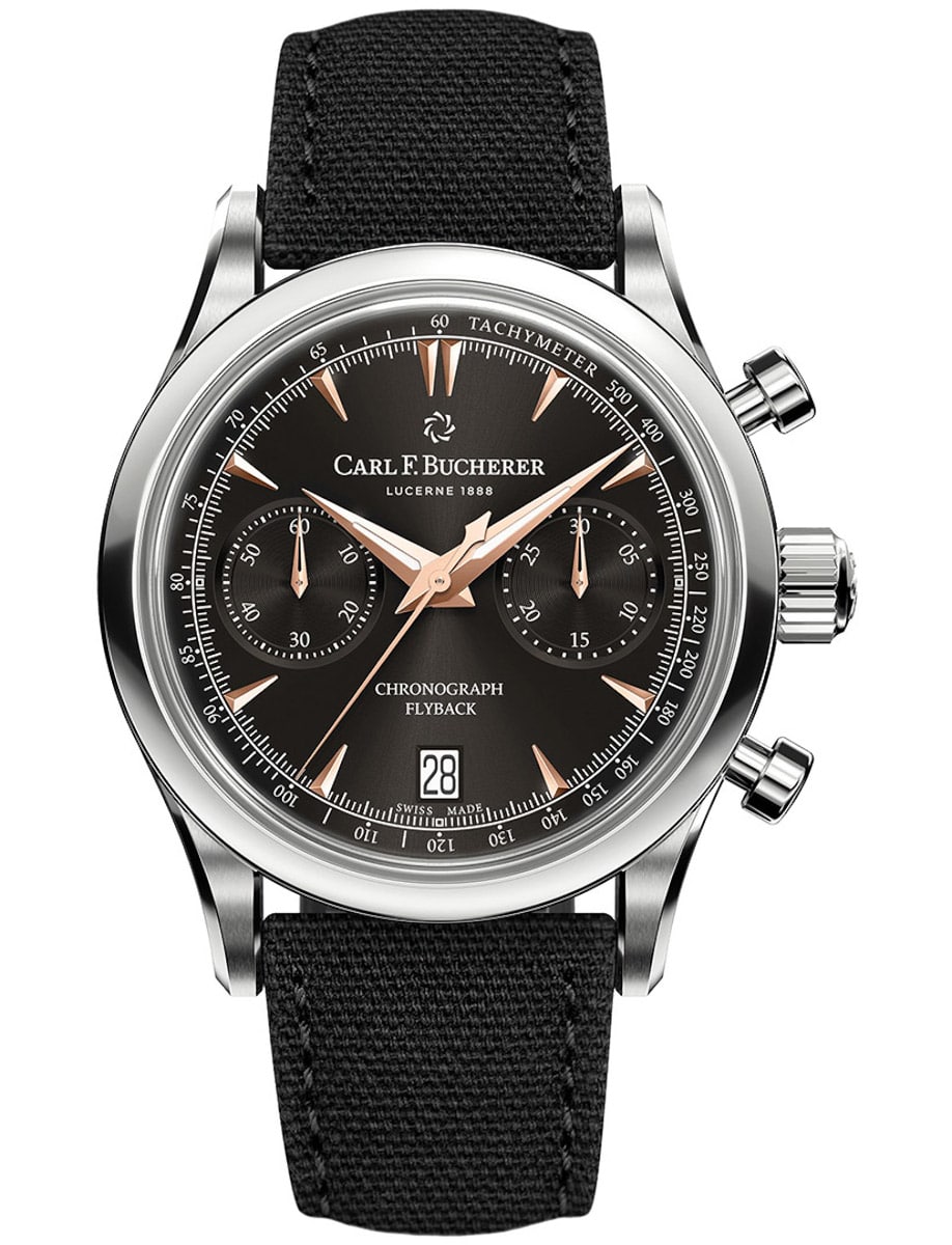 Manero Flyback Chronograph in Steel on Black Textile Strap with Black Dial 