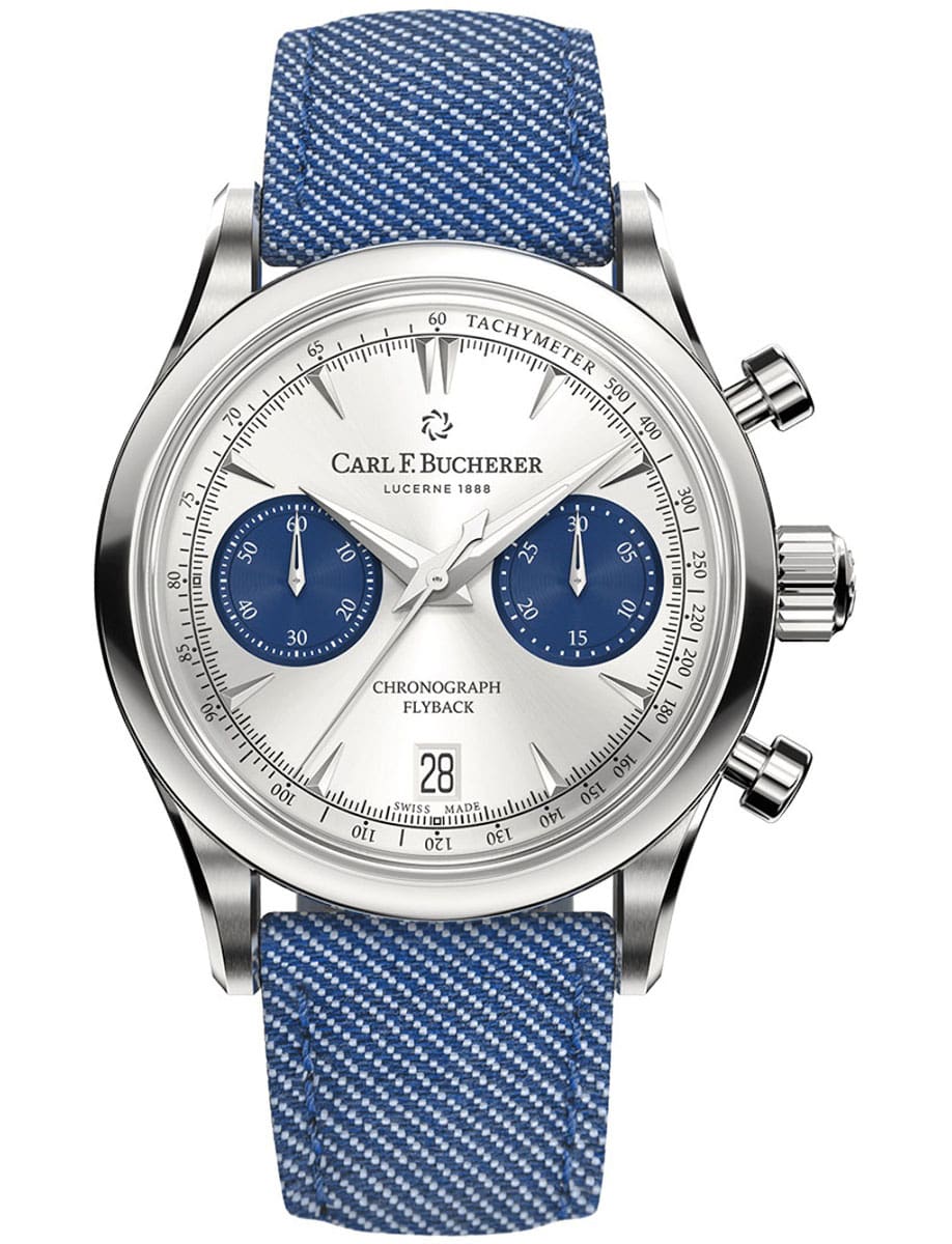 Manero Flyback Chronograph in Steel on Blue Textile Strap with Silver Dial - Blue Subdials