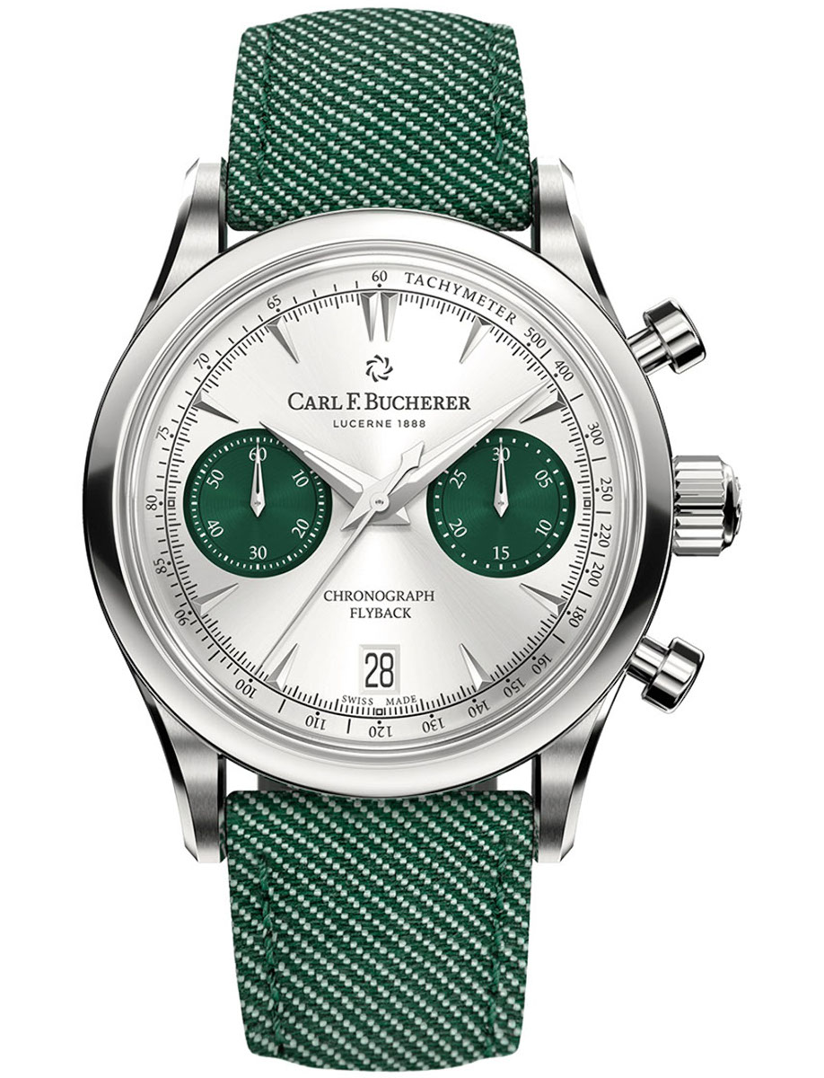 Manero Flyback Chronograph in Steel on Green Textile Strap with Silver Dial - Green Subdials