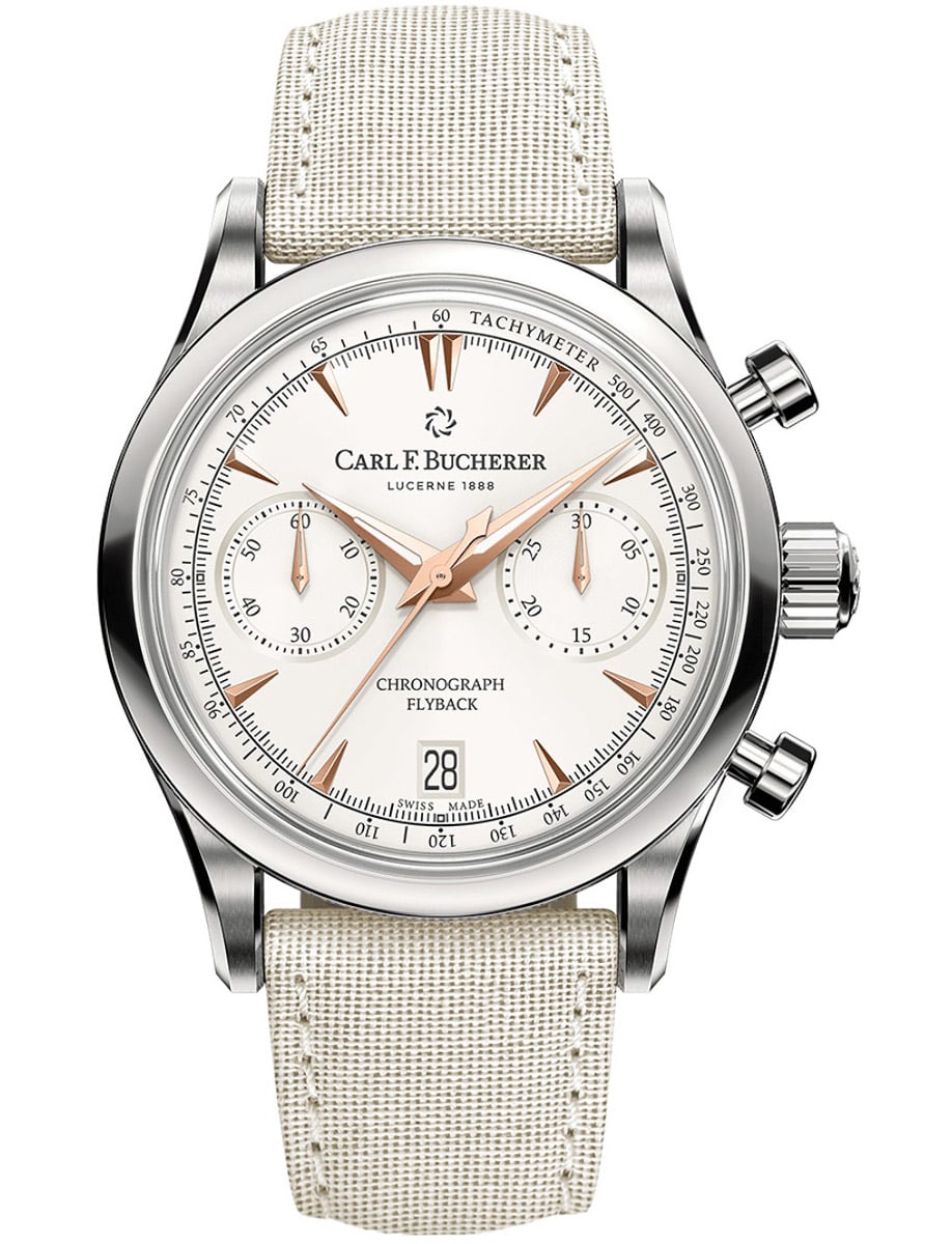 Manero Flyback Chronograph in Steel on White Textile Strap with White Sunray Dial 