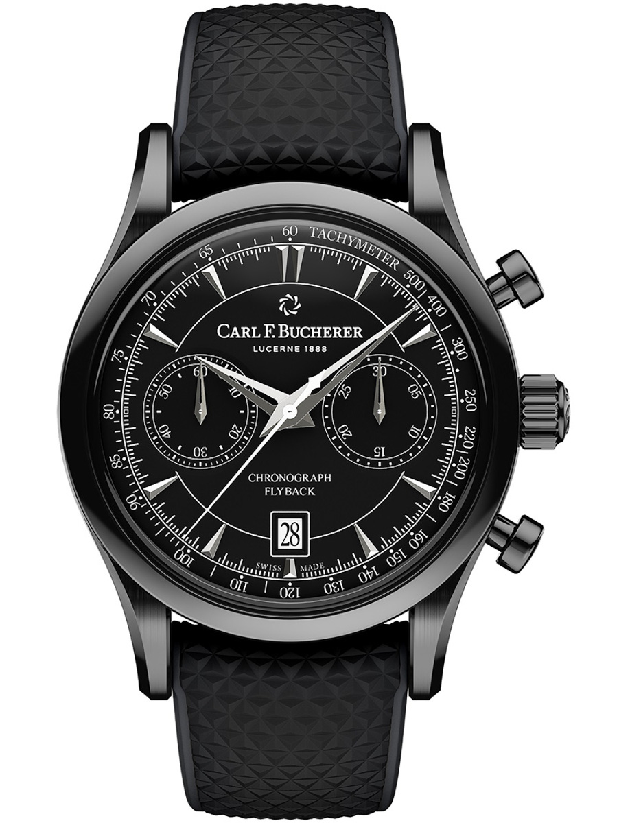 Manero Flyback Chronograph in Steel on Black Rubber Strap with Black Dial