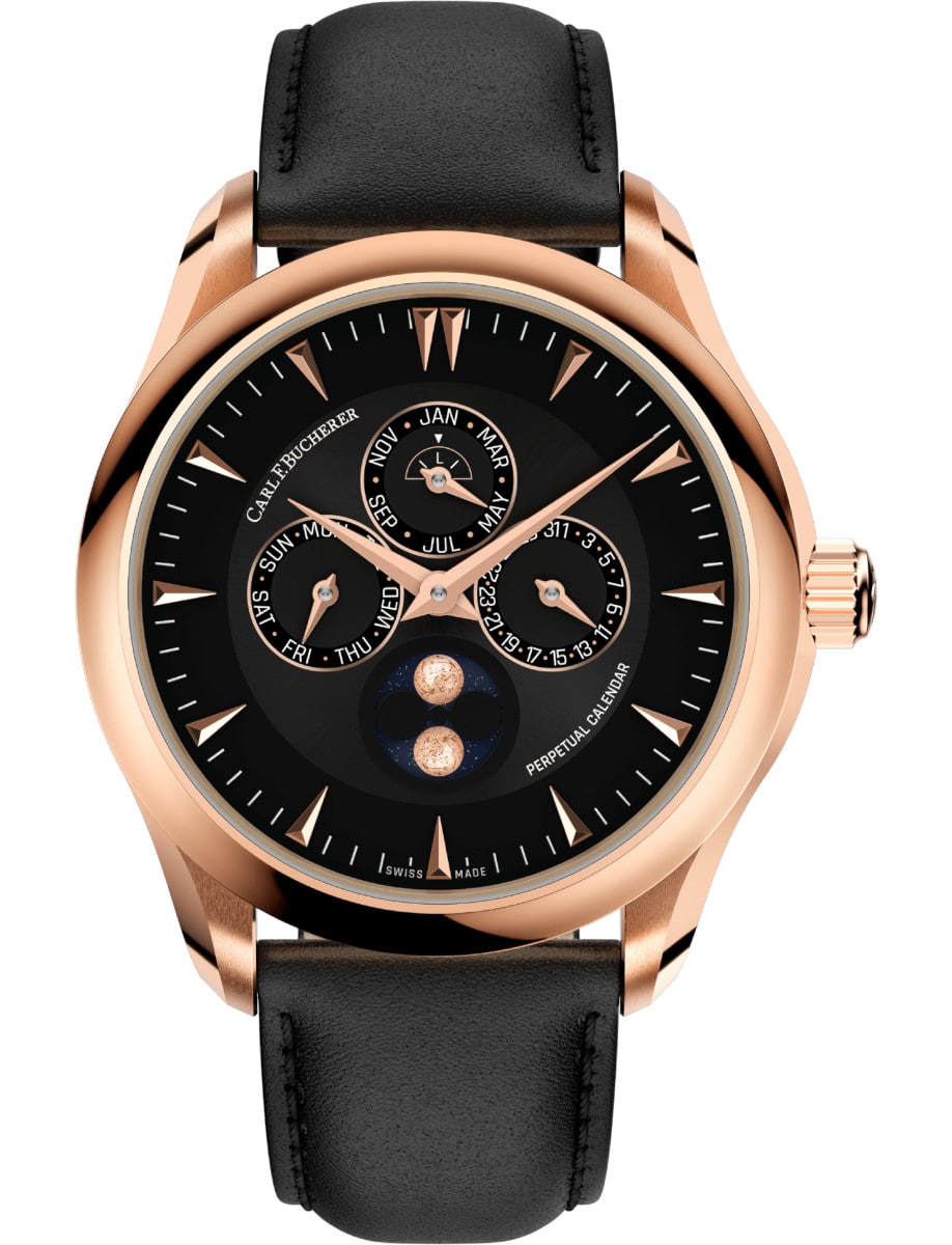 Manero Peripheral Perpetual Calendar 41.6mm in Rose Gold on Black Calfskin Leather Strap with Black Dial 