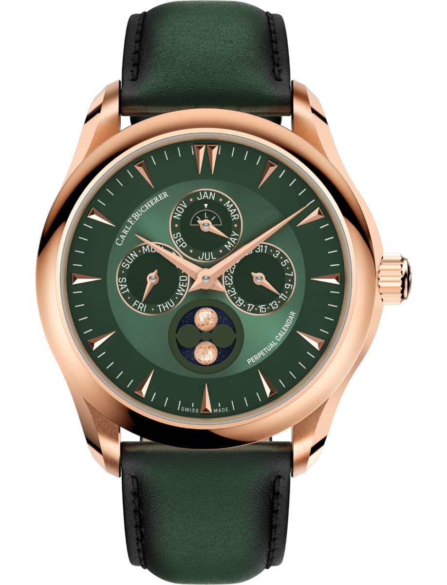 Manero Peripheral Perpetual Calendar 41.6mm in Rose Gold on Green Calfskin Leather Strap with Green Dial