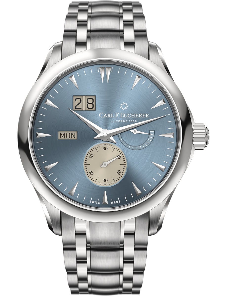 Manero Peripheral Bigdate 41.6mm in Steel on Steel Bracelet with Light Blue Dial