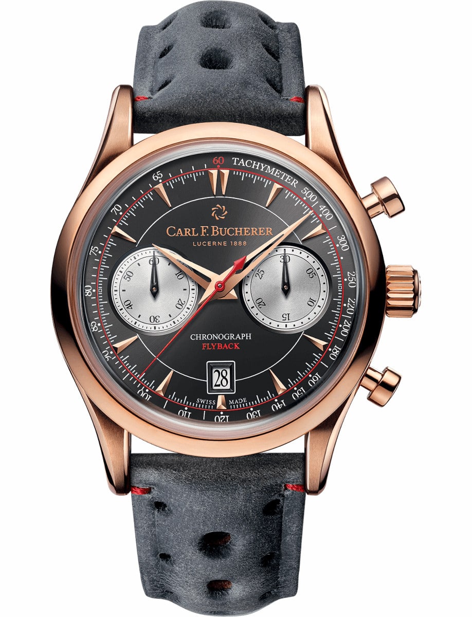 Manero Flyback Chronograph in Rose Gold on Dark Grey Kudu Leather Strap with Black Dial