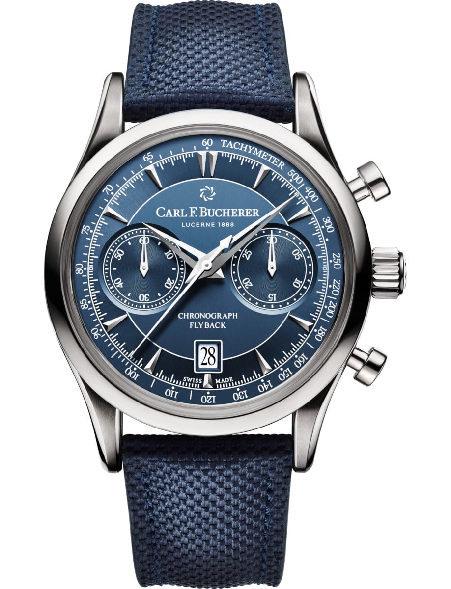 Manero Flyback Chronograph in Steel on Blue Textile Strap with Blue Dial
